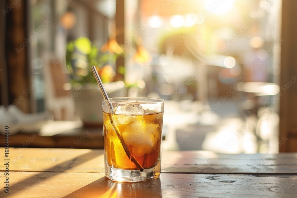 Refreshing iced coffee in sunlit café setting Refreshing iced coffee in sunlit café setting