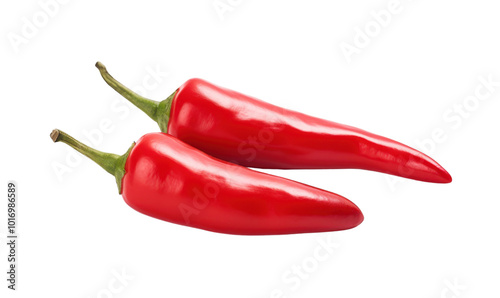 Two red peppers are shown on a white background