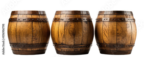 Three wooden barrels are lined up on a white background