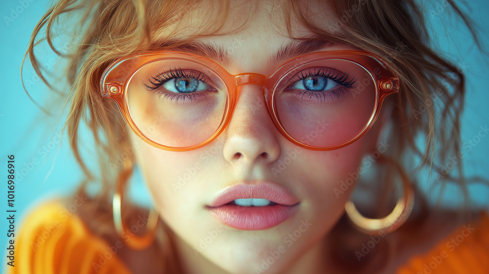 Beautiful girl in orange glasses and rings earrings Beautiful girl in orange glasses and rings earrings