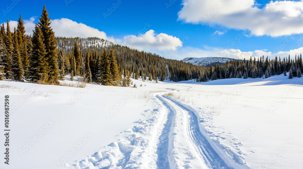 Winter Landscape with Snow Covered Path through Pine Forest and Mountains under Blue Sky Winter Scenery Concept