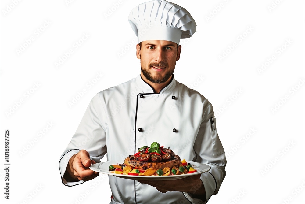 A chef in full uniform, proudly presenting a gourmet dish, cut out against a white background. A chef in full uniform, proudly presenting a gourmet dish, cut out against a white background.