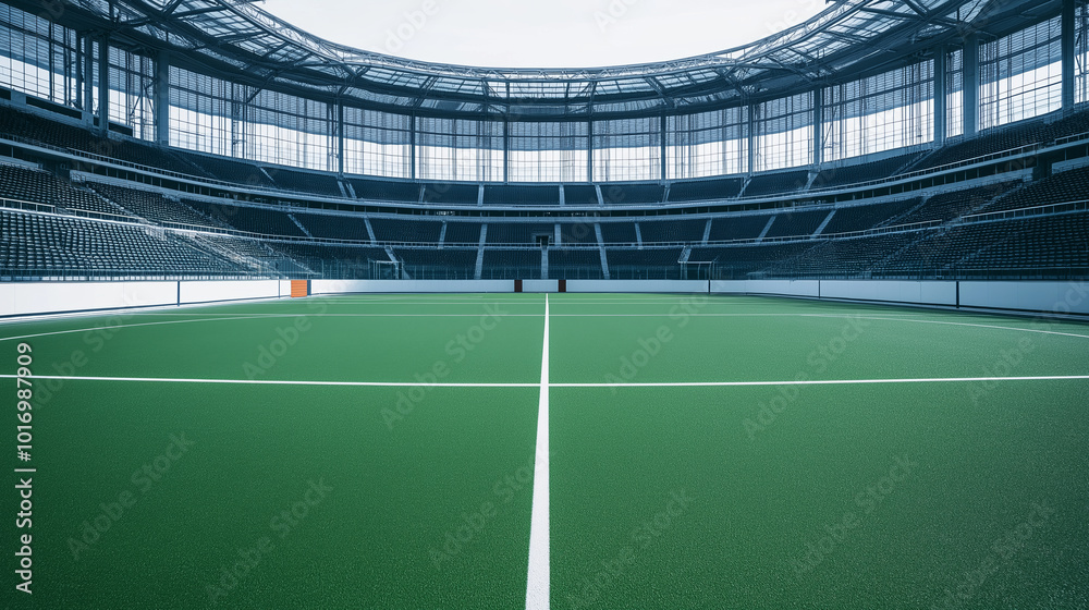 Fototapeta premium Outdoor tennis stadium, empty court in modern sports arena, with green surface, wide view, sunlight overhead, tennis architecture concept