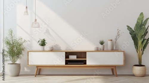Modern Living Room Decor with TV Cabinet on White Wall. 3D Rendering