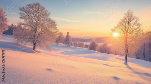 Winter morning landscape with snow covered trees glowing in sunrise with warm light, serene snowy scene with beautiful sunrise, natural tranquility concept photo