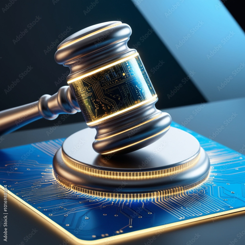 A digital gavel resting on a glowing circuit board, symbolizing technology and justice. A digital gavel resting on a glowing circuit board, symbolizing technology and justice.