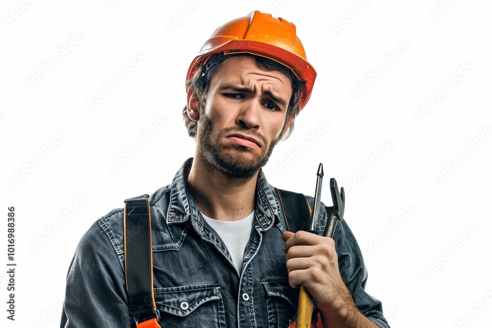 A construction worker with a hard hat and tools, looking determined, cut out against a white background. A construction worker with a hard hat and tools, looking determined, cut out against a white background.