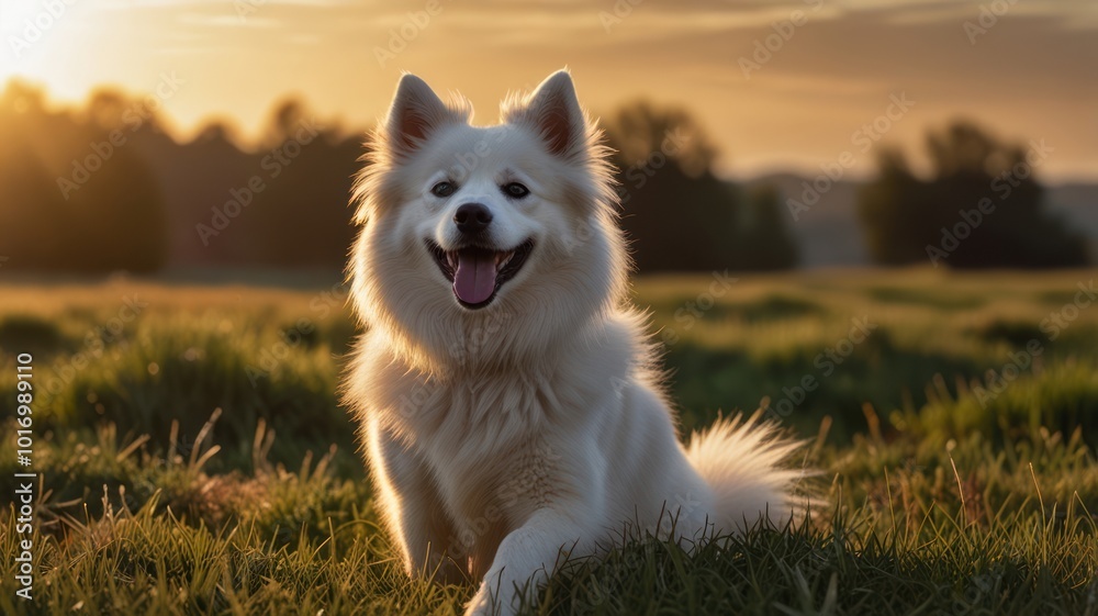 A white dog sits in a field of green grass at sunset, looking up with a happy expression. A white dog sits in a field of green grass at sunset, looking up with a happy expression.