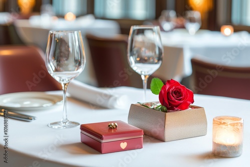 An evening of romantic candlelight dining with a red rose and a small gift is presented photo