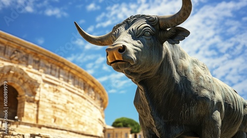 Ancient Roman Bull Statue at NÃ®mes Arena in Evening Light photo