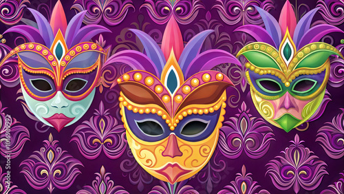 Three vibrant Mardi Gras masks with feathers on ornate background.