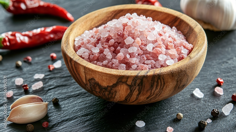 Red Alaea Hawaiian salt in a wooden bowl, isolated on a slate background with decorative chili peppers and garlic cloves Red Alaea Hawaiian salt in a wooden bowl, isolated on a slate background with decorative chili peppers and garlic cloves