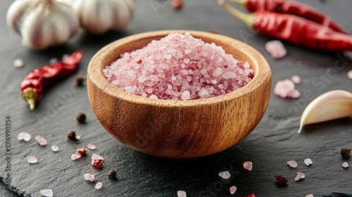 Red Alaea Hawaiian salt in a wooden bowl, isolated on a slate background with decorative chili peppers and garlic cloves photo