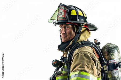 A firefighter in full gear, ready for action, cut out against a white background.