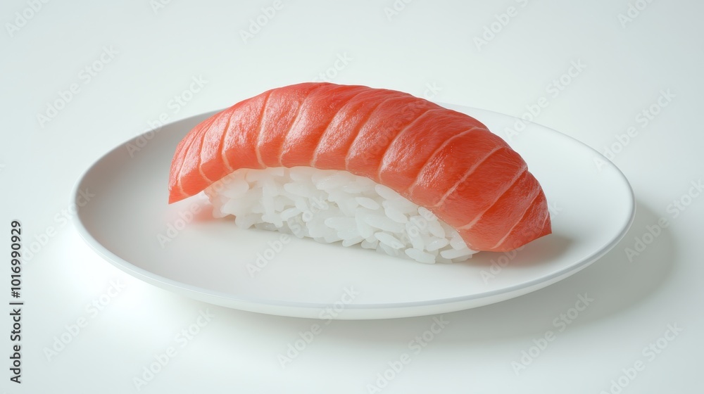 Freshly prepared sushi with vibrant salmon atop a bed of seasoned rice served on a simple white plate Freshly prepared sushi with vibrant salmon atop a bed of seasoned rice served on a simple white plate