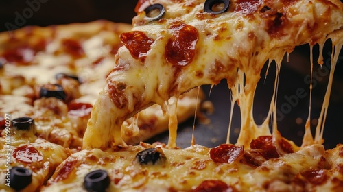 Gourmet pizza slice being pulled from a freshly baked pepperoni and olive pizza on a dark wooden table