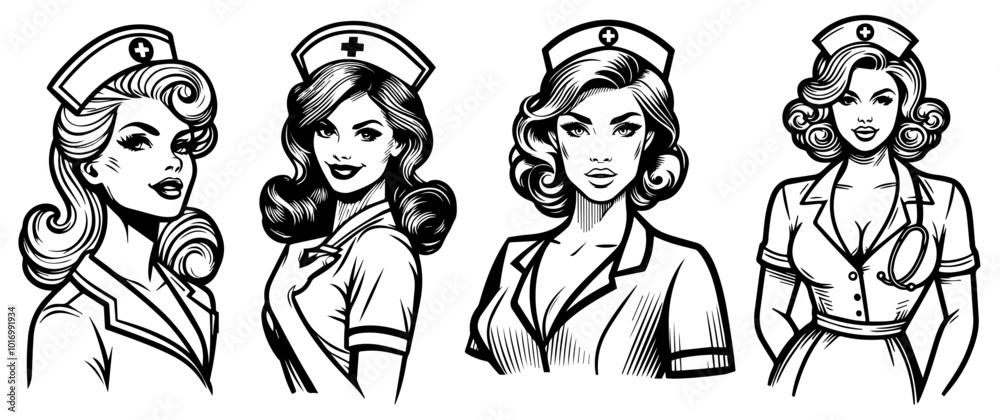 collection of pin-up nurses in retro style hand-drawn portrait designs black vector collection of pin-up nurses in retro style hand-drawn portrait designs black vector