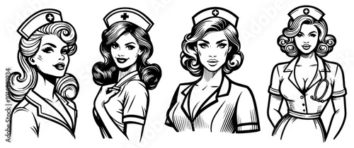 collection of pin-up nurses in retro style hand-drawn portrait designs black vector
