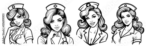vintage pin-up nurse illustration set with detailed facial expressions black vector