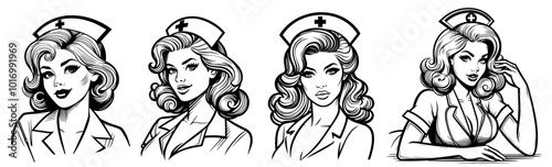 collection of nurse portraits in 1950s-inspired pin-up style black vector