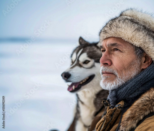 An elder Inuit man stands on icy terrain with sled dogs during a serene winter afternoon in the Arctic landscape. Generative AI photo