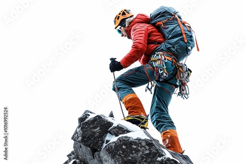 A mountaineer in climbing gear, ready to scale a peak, cut out against a white background.