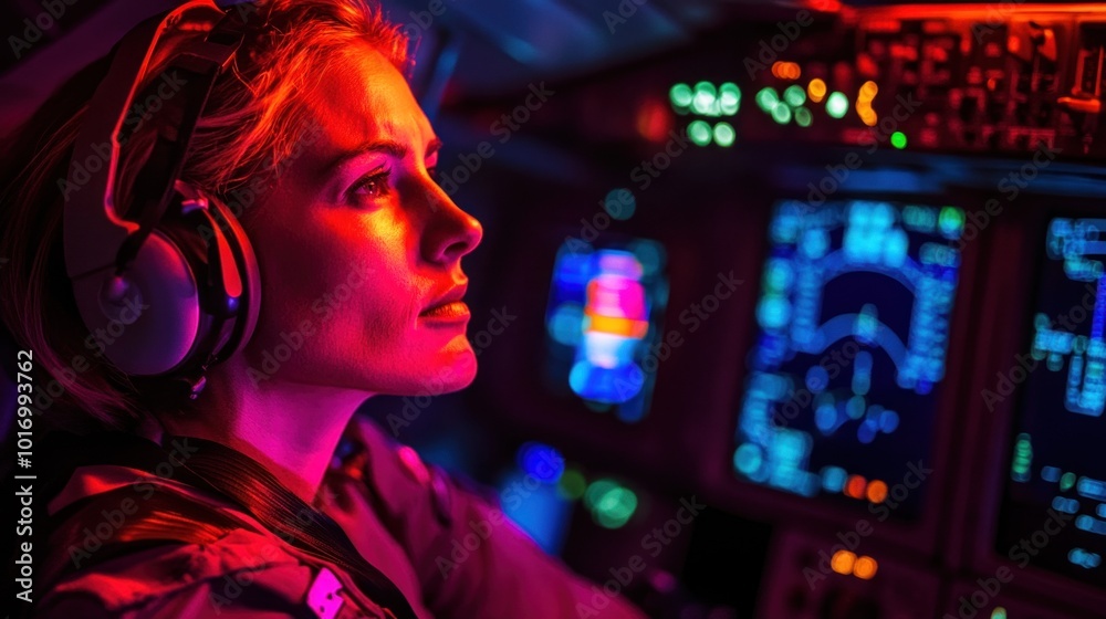 The woman pilot concentrates on her flight instruments, surrounded by vibrant displays and control panels, as she navigates the aircraft at night, showcasing her expertise The woman pilot concentrates on her flight instruments, surrounded by vibrant displays and control panels, as she navigates the aircraft at night, showcasing her expertise