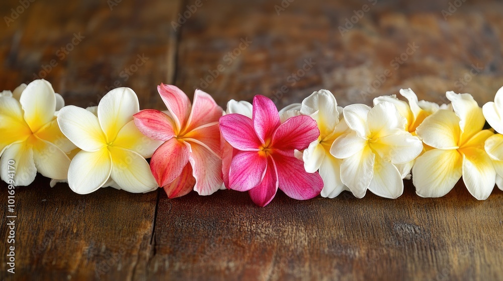 Vibrant Plumeria Flowers on Wooden Surface Vibrant Plumeria Flowers on Wooden Surface