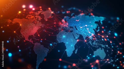 Digital World Map with Interconnected Nodes and Lines