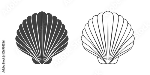 Scallop seashell logo. Isolated silhouette and contour drawing of a scallop on a white background. 