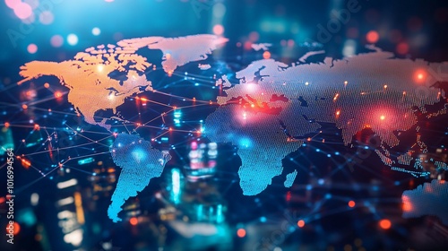 World Map with Network Connections and City Lights