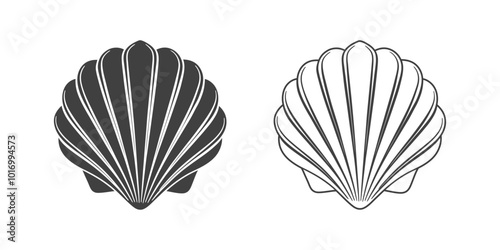 Scallop seashell logo. Isolated silhouette and contour drawing of a scallop on a white background. 