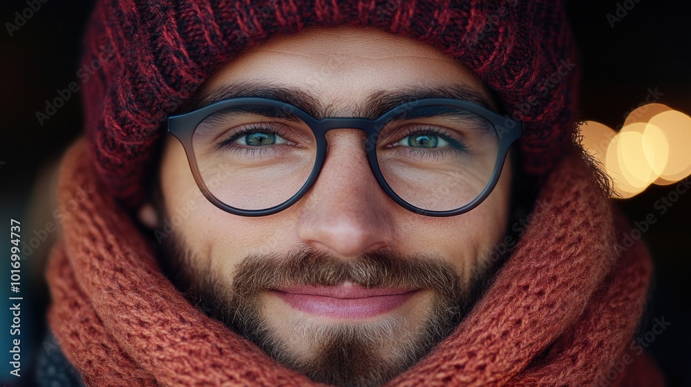 The young man with a light beard and glasses exudes warmth and friendliness, dressed in a thick scarf and a knitted hat. A soft background highlights the cozy winter atmosphere The young man with a light beard and glasses exudes warmth and friendliness, dressed in a thick scarf and a knitted hat. A soft background highlights the cozy winter atmosphere