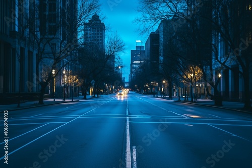 A quiet, empty city street at dawn, where blue-tinted shadows cast a peaceful yet eerie stillness, as if time has momentarily stopped