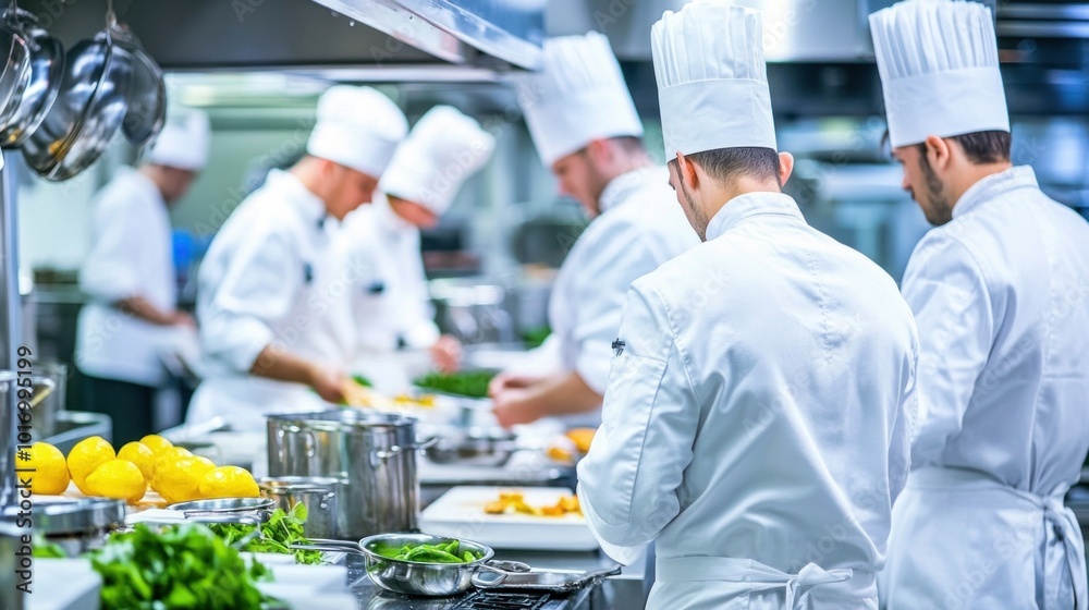A team of chefs creates gourmet meals in a lively kitchen, using fresh ingredients and expert skills to meticulously plate dishes for dinner service A team of chefs creates gourmet meals in a lively kitchen, using fresh ingredients and expert skills to meticulously plate dishes for dinner service