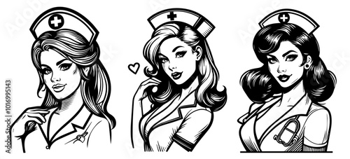 hand-drawn pin-up style nurses in vintage portrait designs black vector