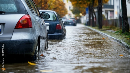 Persistent rain has led to significant flooding on the streets, affecting parked cars and creating hazardous conditions in the neighborhood during autumn