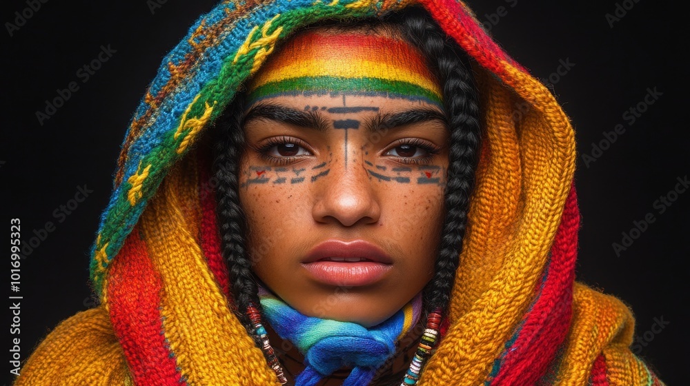 A young person with braided hair and striking facial tattoos wears a colorful traditional garment, highlighting cultural heritage in a striking contrast with the dark backdrop A young person with braided hair and striking facial tattoos wears a colorful traditional garment, highlighting cultural heritage in a striking contrast with the dark backdrop