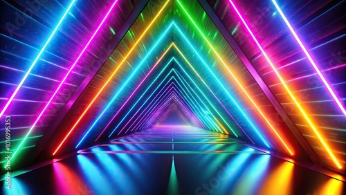 Abstract neon flying triangle tunnel with fluorescent ultraviolet light Different Colors Rainbow Silhouette