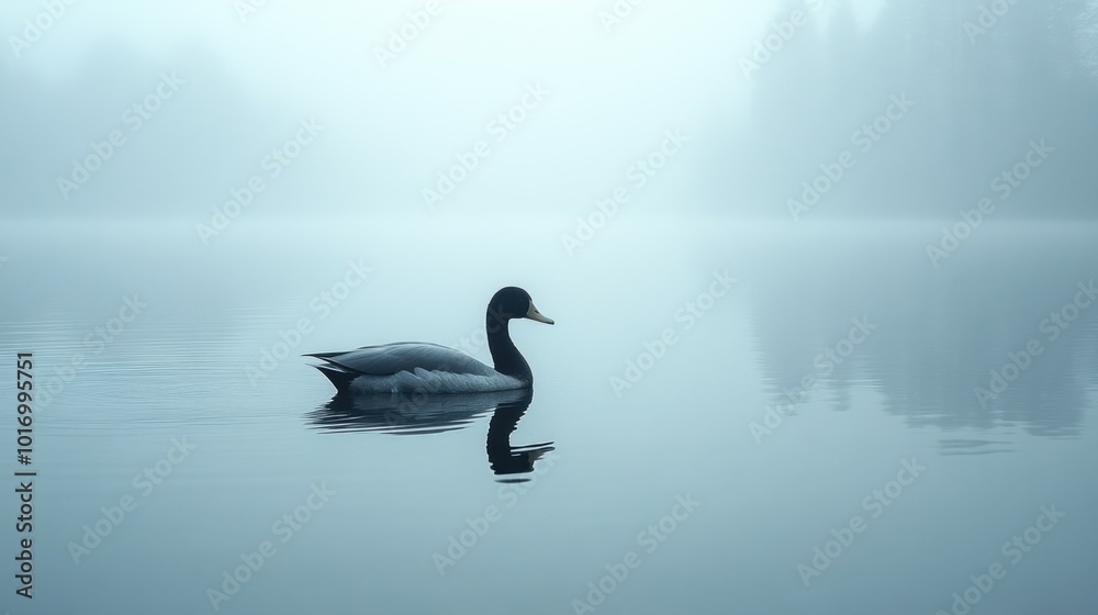 Fototapeta premium A lone duck swims effortlessly on a calm lake shrouded in mist during early morning. The quiet surroundings create a peaceful atmosphere, enhancing the beauty of the scene
