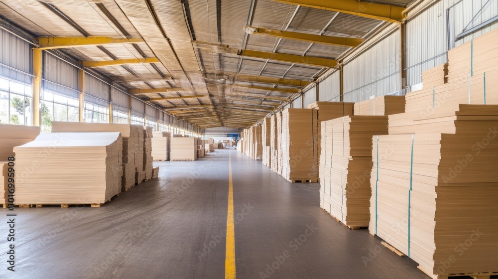 Large quantities of neatly stacked cardboard sheets fill the warehouse, creating organized aisles for easy access and safe movement within the well-lit space Large quantities of neatly stacked cardboard sheets fill the warehouse, creating organized aisles for easy access and safe movement within the well-lit space