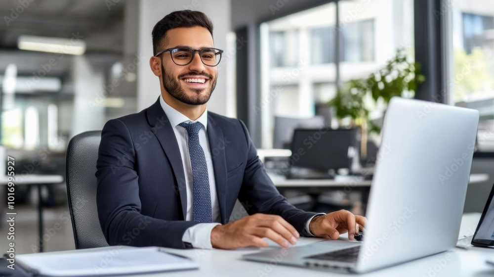 A professional man dressed in a suit and tie is smiling while typing on a laptop in a contemporary office filled with natural light, surrounded by an organized workspace A professional man dressed in a suit and tie is smiling while typing on a laptop in a contemporary office filled with natural light, surrounded by an organized workspace