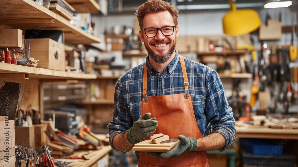 A skilled craftsman stands in a busy workshop, holding a wooden project with a broad smile A skilled craftsman stands in a busy workshop, holding a wooden project with a broad smile