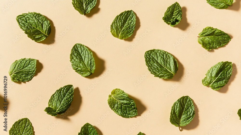 Mint leaves forming a minimalistic pattern, isolated on a sandy beige background with soft light Mint leaves forming a minimalistic pattern, isolated on a sandy beige background with soft light