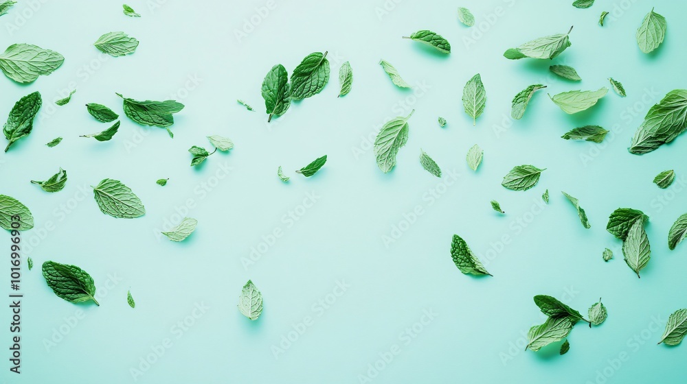 Mint leaves scattered like confetti, isolated on a pale sky blue background Mint leaves scattered like confetti, isolated on a pale sky blue background