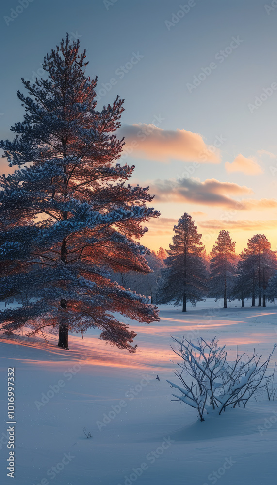 Naklejka premium Frosty Morning with Snowy Trees at Sunrise. Winter Landscape at Dawn with Frosty Trees. Snowy Forest at Sunrise in Winter.