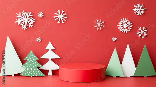 A festive holiday scene featuring a rich red background adorned with colorful paper cut-out Christmas trees in various shades of green and red photo