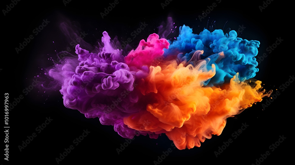 Stunning Color Cloud: Dynamic Explosion of Pigments Against Black Background Stunning Color Cloud: Dynamic Explosion of Pigments Against Black Background