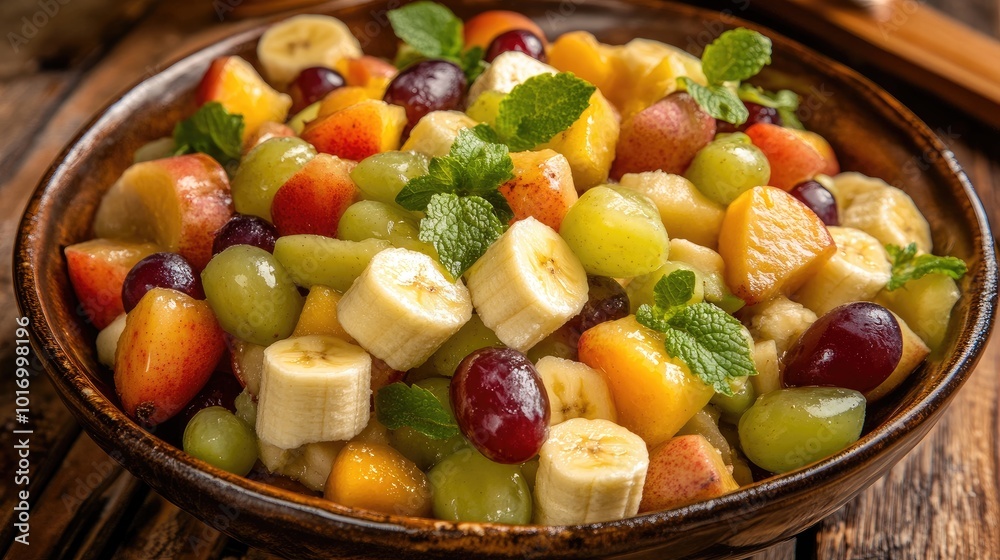 Fresh and Colorful Fruit Salad in Rustic Bowl Fresh and Colorful Fruit Salad in Rustic Bowl