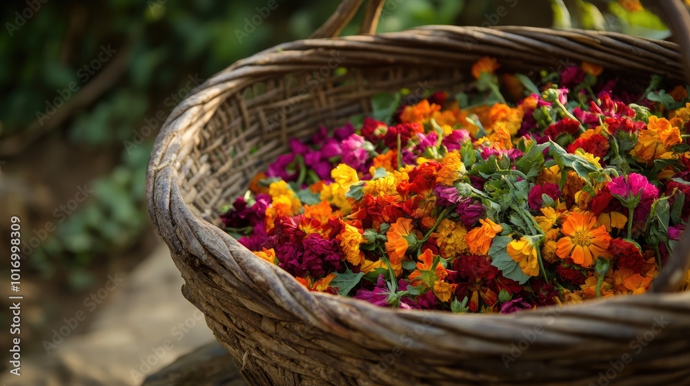 Vibrant Basket of Colorful Flowers in Natural Setting